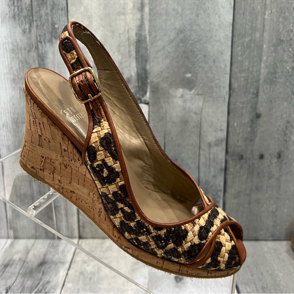STUART WEITZMAN Cheetah Animal Print Raffia Cork Wedges Size 6.5 - Picture 5 of 9